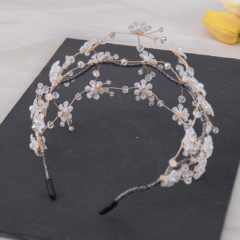 Fashion Women's Whit Flower Crystal Hair Jewelry Wedding Bride's Hair Rhinestone Crystal Bride Flower Pearl Handmade Hair Band