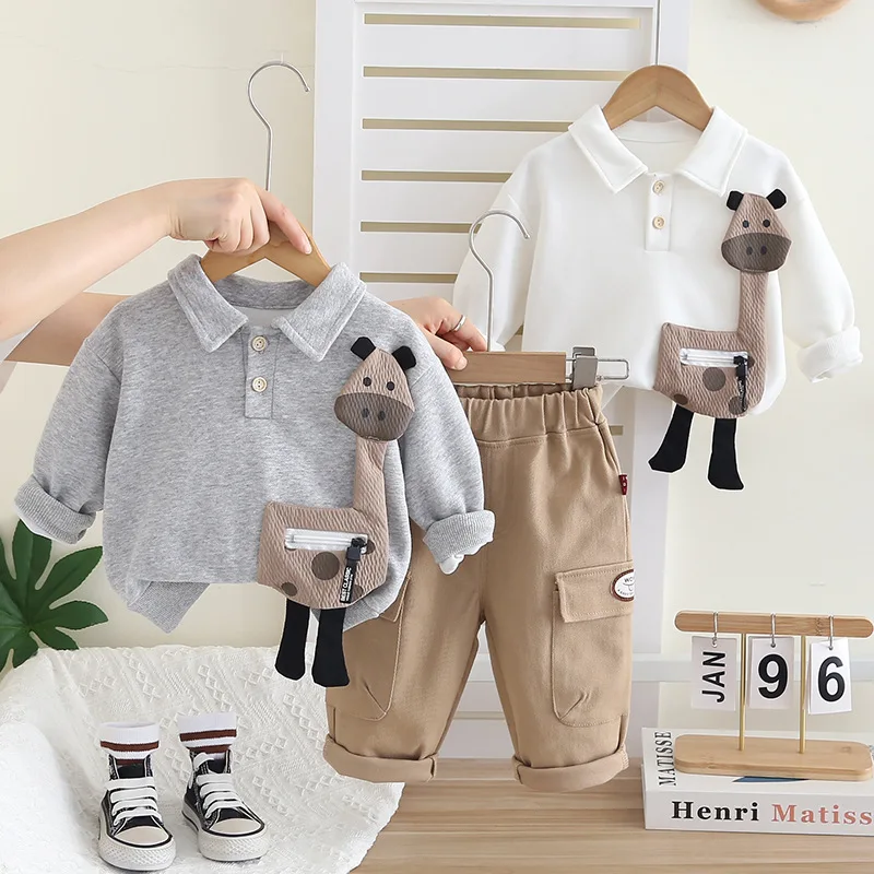 Spring and Autumn children's suit Korean version hooded casual animal sweater long-sleeved two-piece set foreign style tide