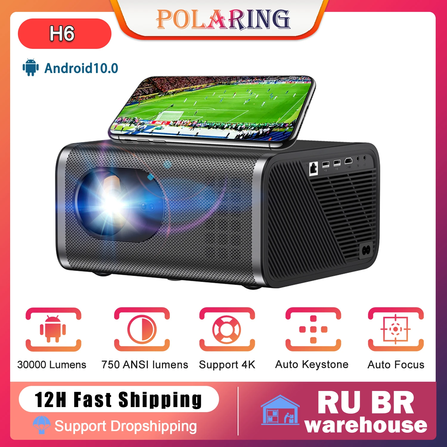 Polaring H6 Digital Projector 1080P 4K 30000 Lumens 750ANSI Automatic Trapezoid Video Projetor Home Proyector Outdoor Projectors