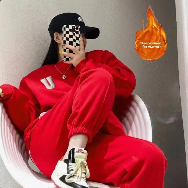 New Korean Style Fleece Lined Thickened Casual Fashion Sports Set Women's Loose Sweatshirt Long Pants Two Piece Set Autumn Wi...