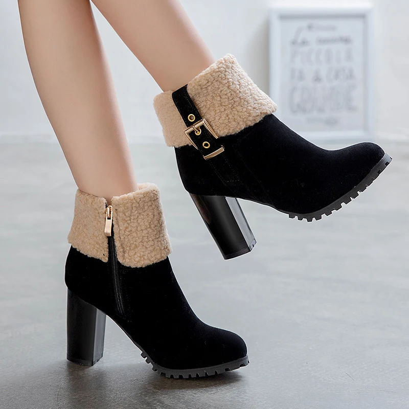 حجم كبير كعب عالي سميك طوق فرو الضأن حزام معدني مشبك قصير التمهيد متجمد قطيع المواد سستة الشتاء حذاء الثلوج عالي الرقبة دافئ