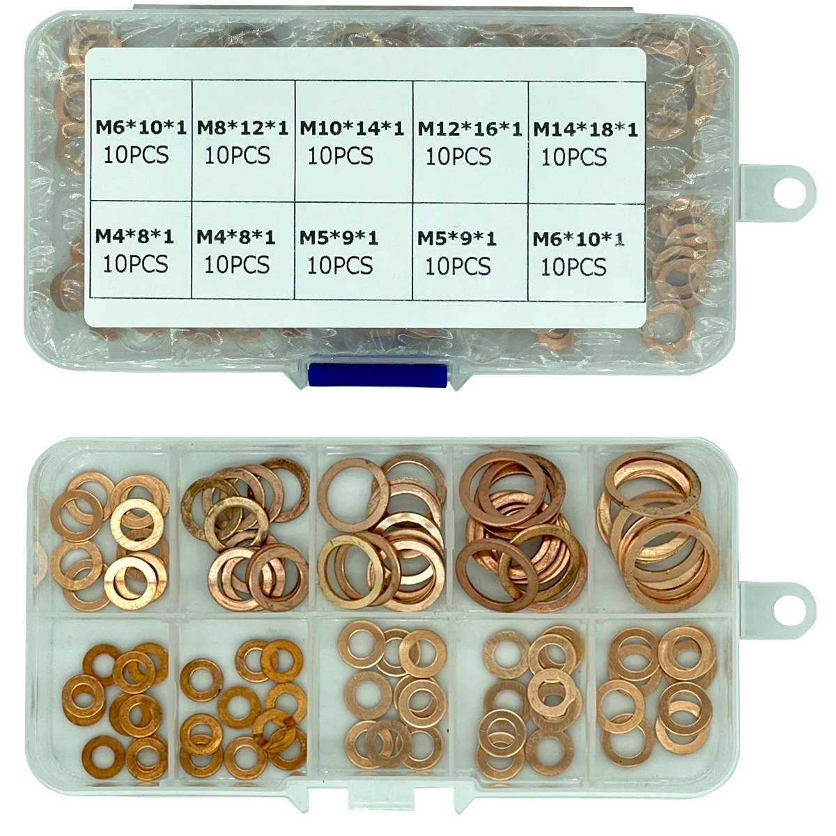 100Pcs Copper Washer Gasket Nut And Bolt Set Flat Ring Seal  Assortment Kit With Box M4/M5/M6/M8/M10/M12/M14 For Sump Plugs