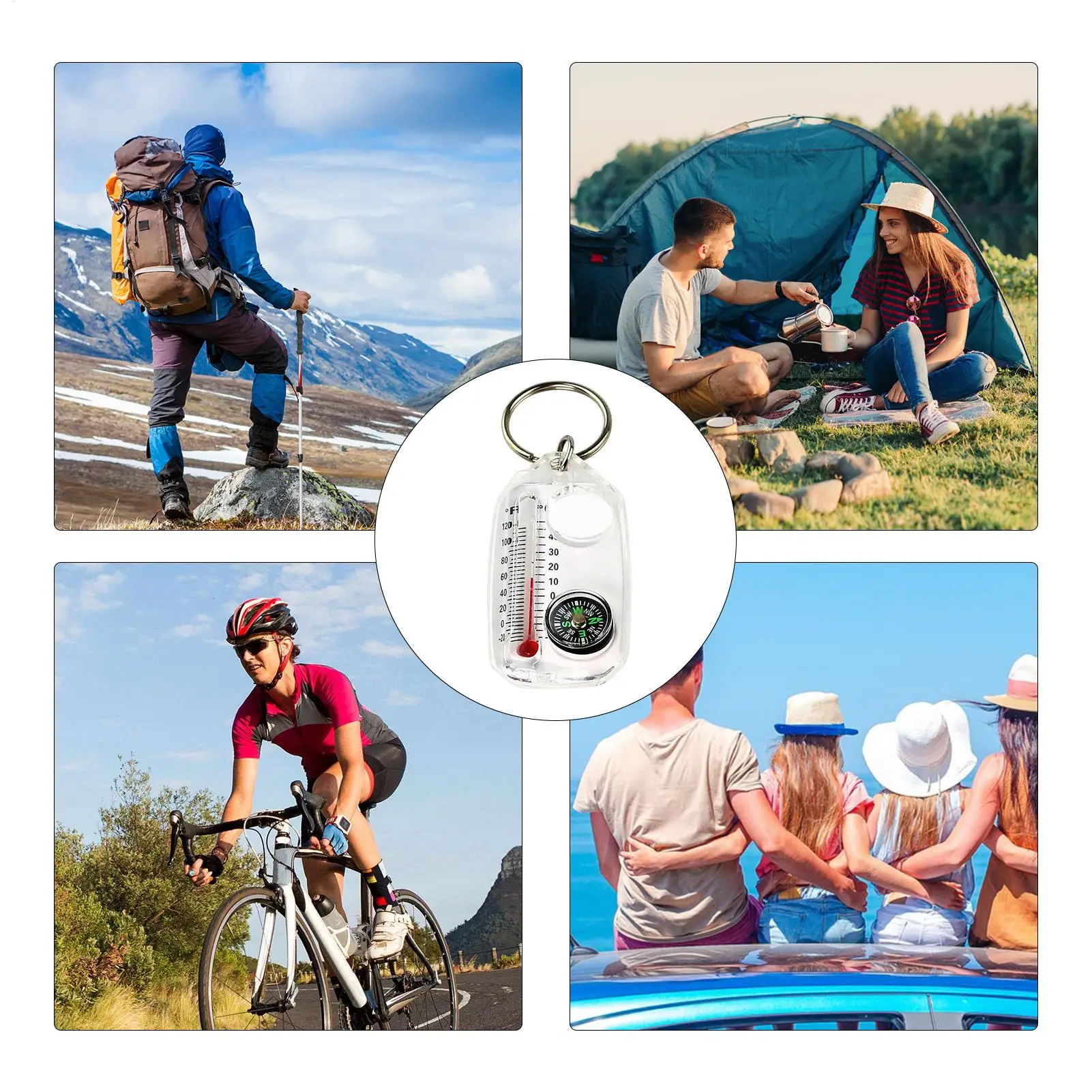 Outdoor 3in1 Keychain Compass Portable Mini Keychain Thermometer Magnifying Glass Compass, CampingEssentials, Survival Tools