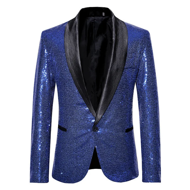 Men Shiny Sequin Tuxedo Jacket Shawl Black Satin Lapel Single Button Blazer Slim Fit Wedding Groom Prom Party Stage Singer Night