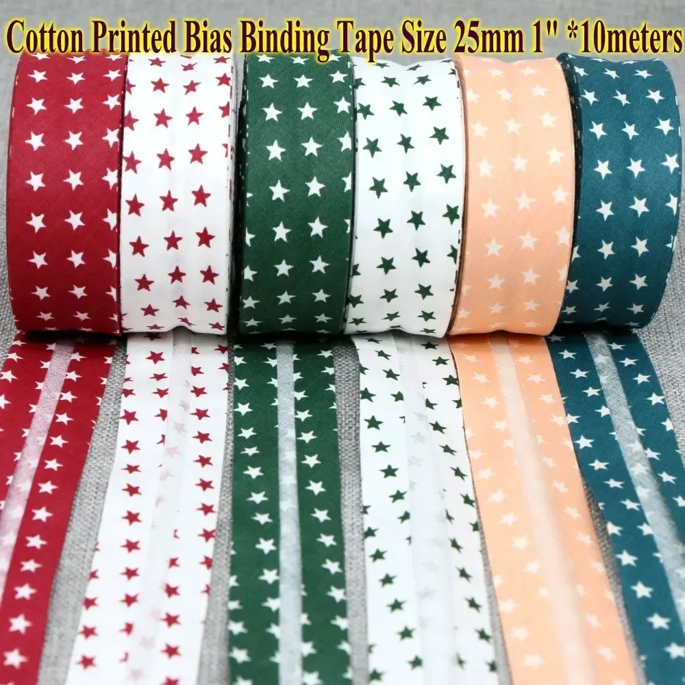 100% Cotton Printed Bias Binding Tape Stars & Flowers Welt Cloth Strip DIY Handmade Ribbon 25mm x 10meters