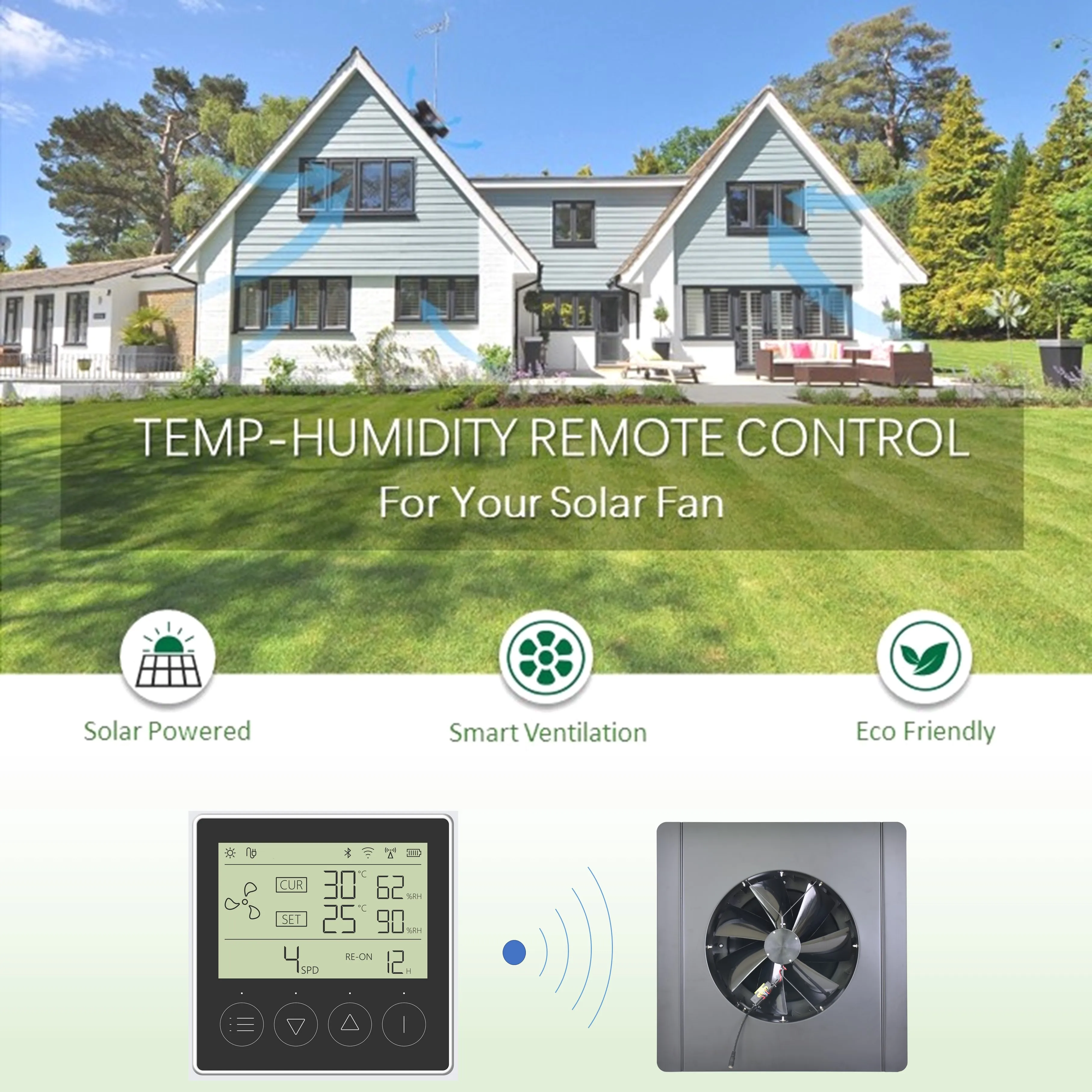 Remote Controllable Roof Exhaust Fan Solar DC Outdoor Air Conditioner 14'' Attic Cooling Ventilation Industrial Heat Suction Fan