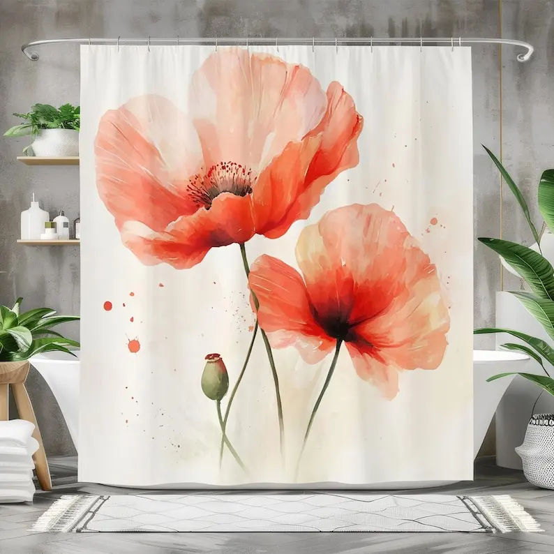 Watercolor Poppy Flower Shower Curtain, Waterproof Fabric Bath Curtain, Elegant Floral Bathroom Decor, Modern Boho Style