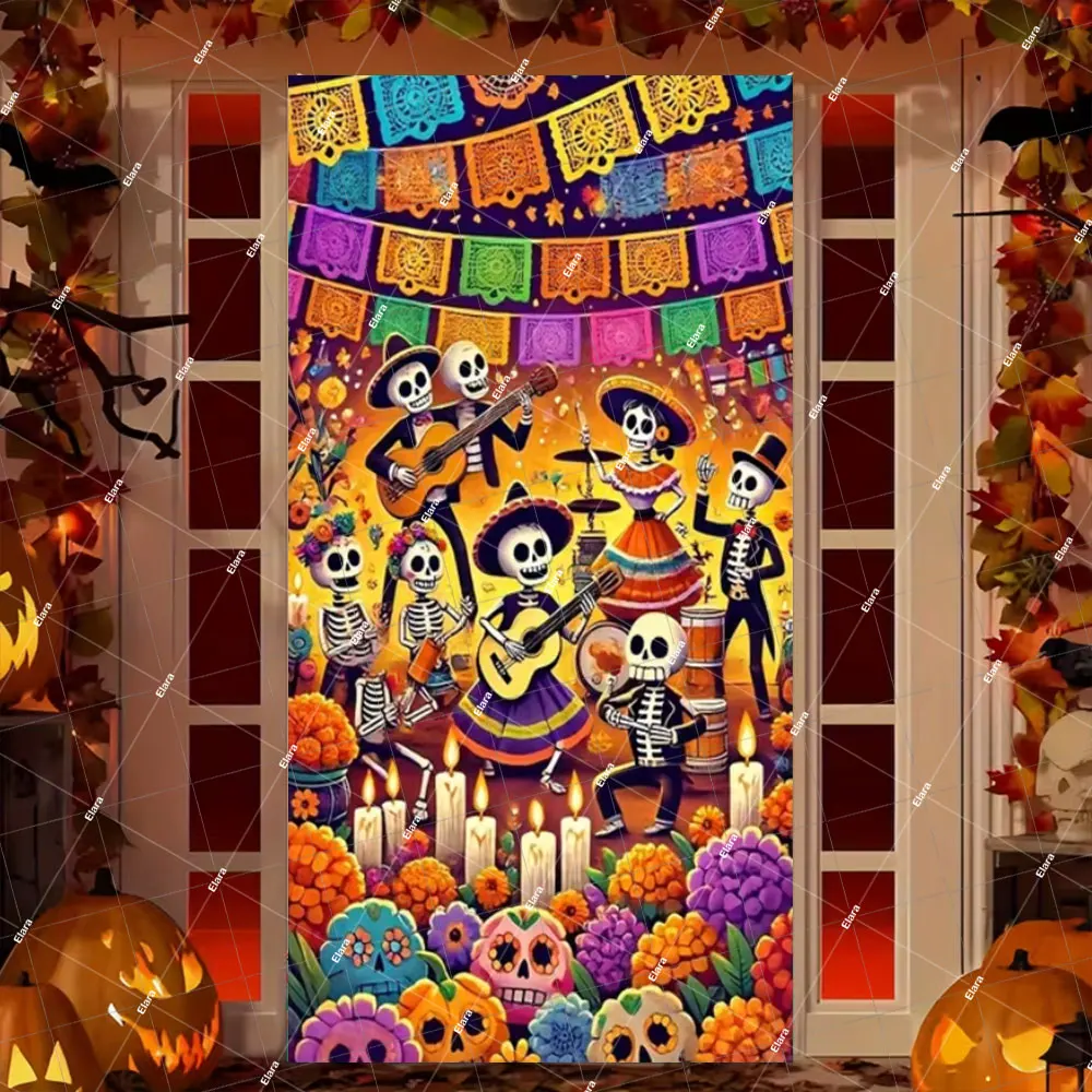 1pc Mexican Day of the Dead Carnival Party Dia De Los Muertos Mexican Fiesta Flower Skull Skeleton Candle Door Banner Decor