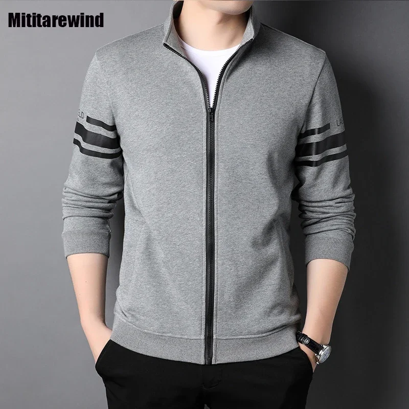 2024 New Mens Hoodies Spring Autumn Joggers Sports Tracksuit Stand Collar Stripe Zip Up Hoodie Simple Casual Loose Sweatshirt