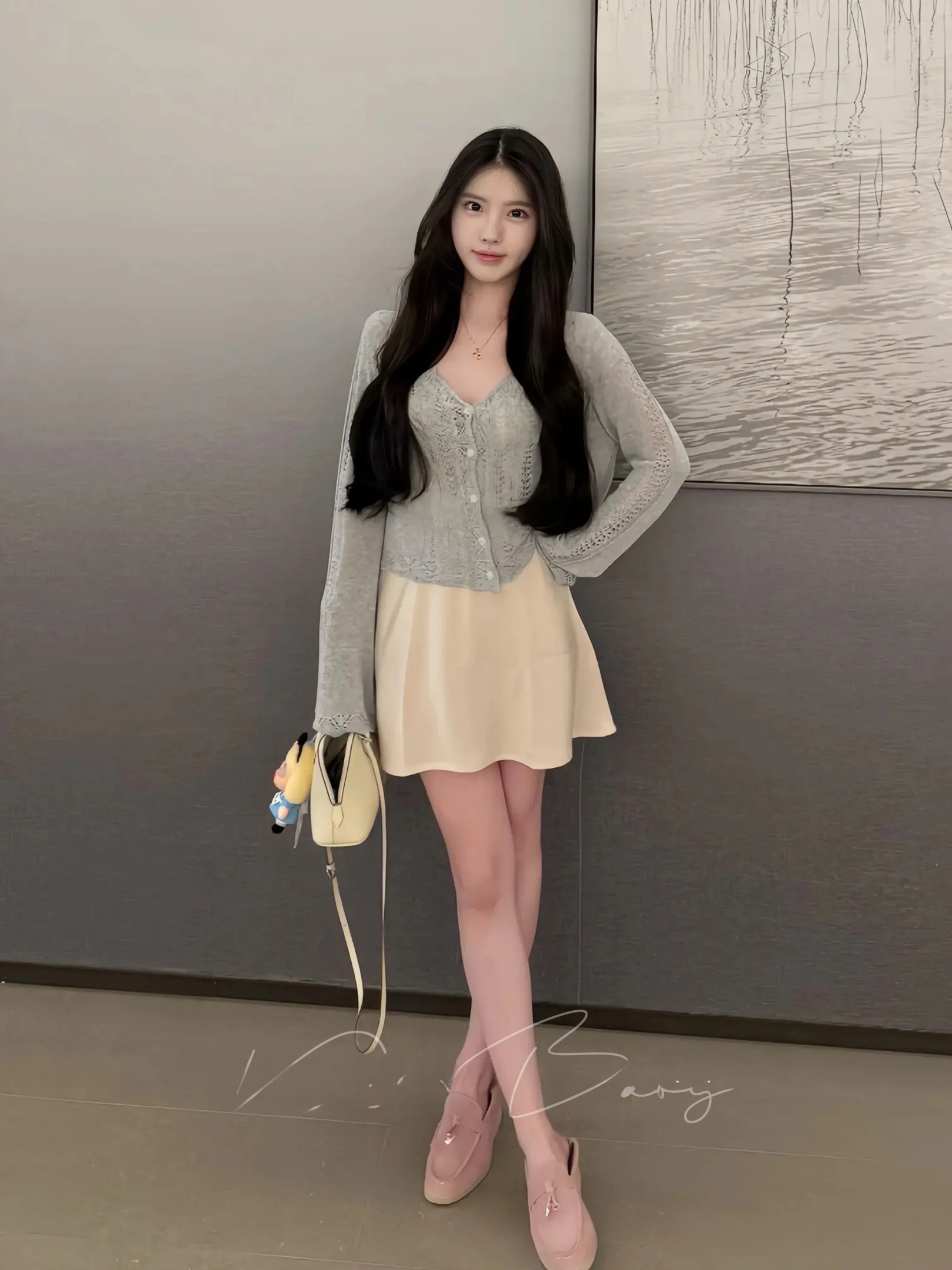 

Korean Style Girl's V-Neck Hollow out Slim Fit Knitted Open Cardigan Top And Short Skirt Two-Piece Set for Women Summer Fashion