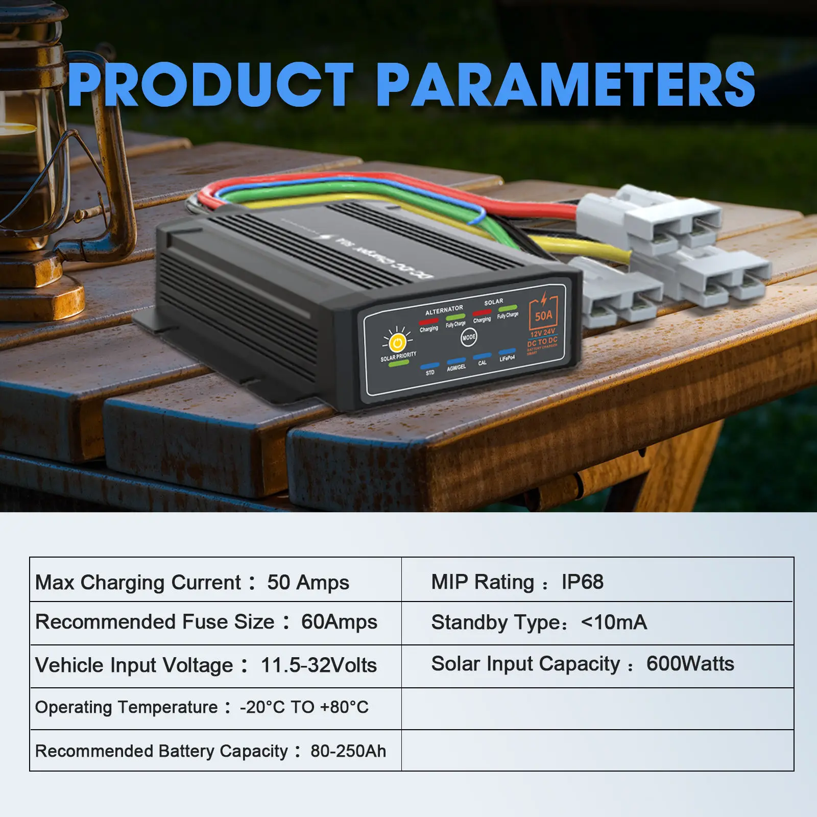 50A DC to DC Car Battery Charger 12-24V Lead Acid Lithium Charger for Lead Acid Battery