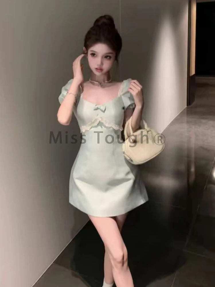 France Hepburn Polka Dot Party Mini Dress Women Elegant Sweet Lace Slim Streetwear Dresses Fashion Chic Bow Short Sleeve Clothes