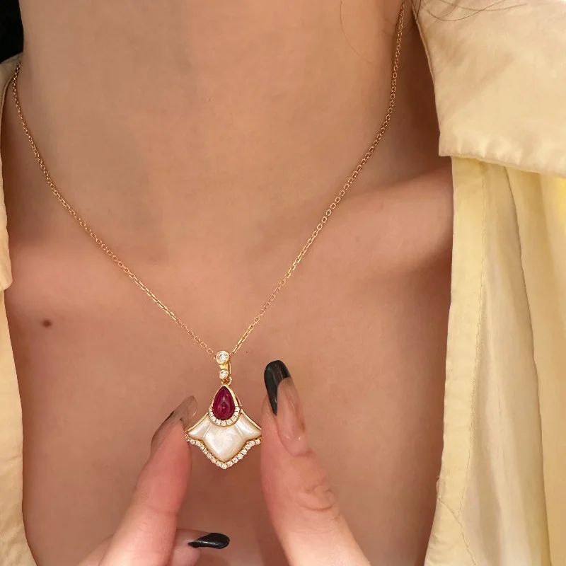 Creative Light Luxury White Fritillaria Maple Leaf Ruby Necklace earrings Pendant  High quality Fashion Retro  jewelry sets
