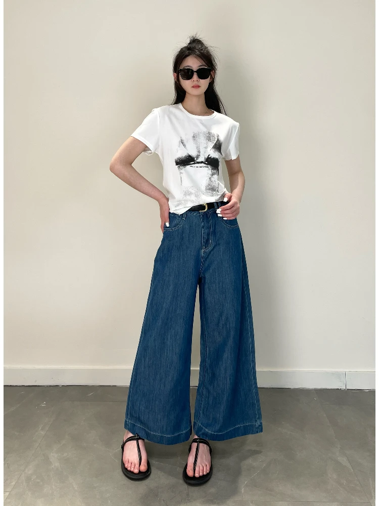 

Летние джинсы из хлопка и денима с широкими штанинами, утягивающие, прямого кроя, для женщин, с высокой талией, повседневные, свободного кроя, однотонные