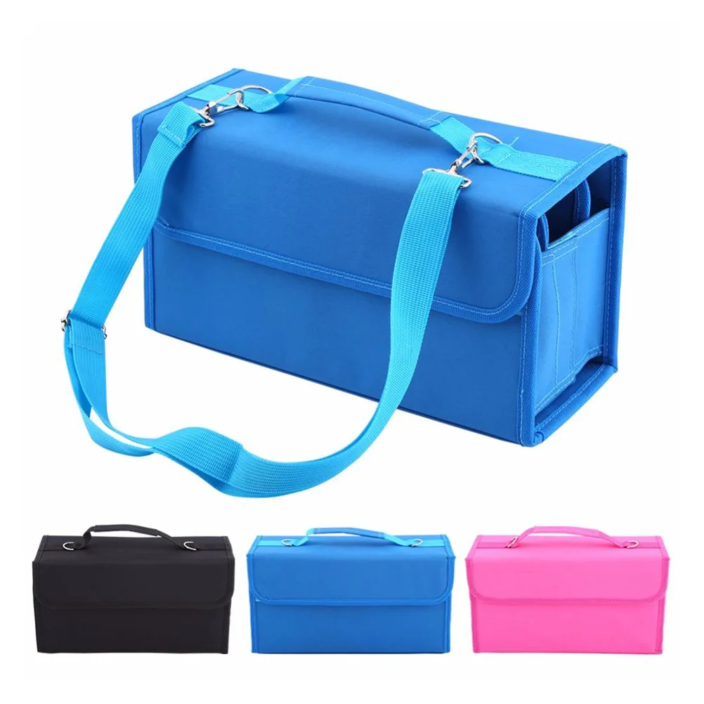 Heavy-Duty Nylon 80 Slots Marker Storage Case Shoulder Strap Detachable Sleeve Elastic Table Easel Marker Pens Storage Case