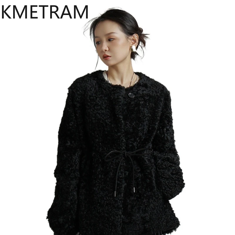 KMETRAM 100% Natural Lacon Wool Sheepskin Fur Coat Woman Black Jacket Luxurious Autumn-Winter Simple Clothing 2025 шуба женская