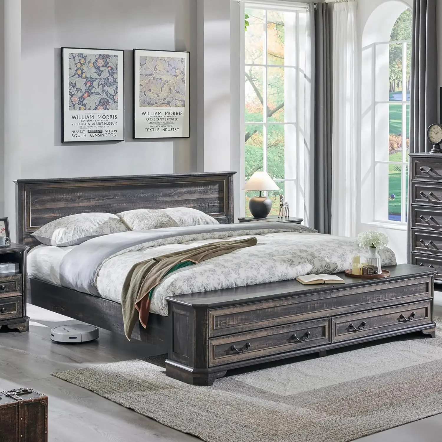 Farmhouse King Bed with Headboard and Storage Bench, Rustic Wood Platform Bed with 80