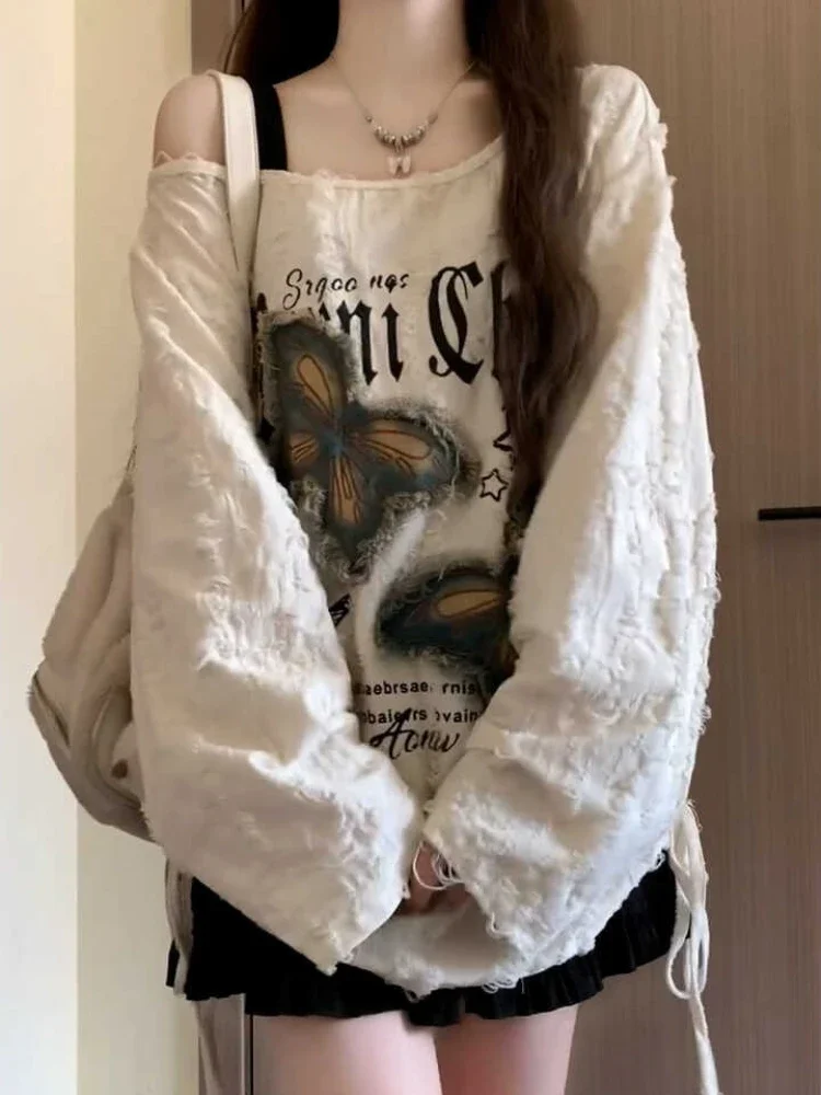 تي شيرت حريمي مرقع ممزق أمريكي عتيق أنيق مكشوف الأكتاف فضفاض مناسب كل مباراة كسول حلو حار بنات الخريف شخصية