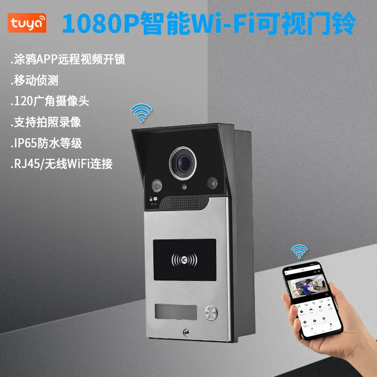 2MP 1080P Tuyaアプリ対応 RFID/NFC 有線 WIFI IPドアベル ビデオドアホン ビジュアルドアベル 室内チャイム付き ドアエントリーカメラ