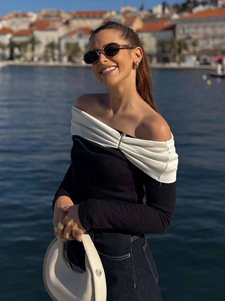 

HH Women's Casual Loose Long Sleeves Knitted Tops Solid Metal Decoration Pullovers Female Spring Fashion Slash Neck Sweater Tops