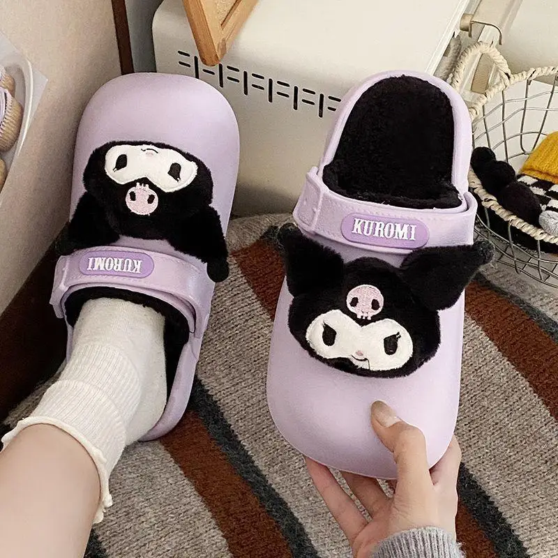 Sanrios Kawaii Cinnamoroll Women's Slippers Hello Kittys Kuromi Cartoon Cute Waterproof Soft Fur Warm Indoor Home Shoes Girls