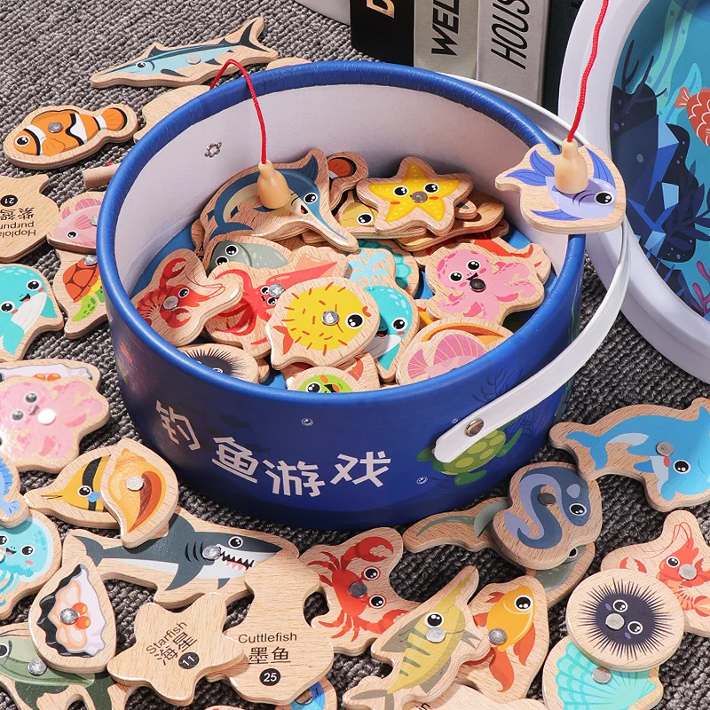 Wooden Magnetic Fishing Toys For Children Fish Games Parent-Child Interactive Marine Life Cognition Educational Toy