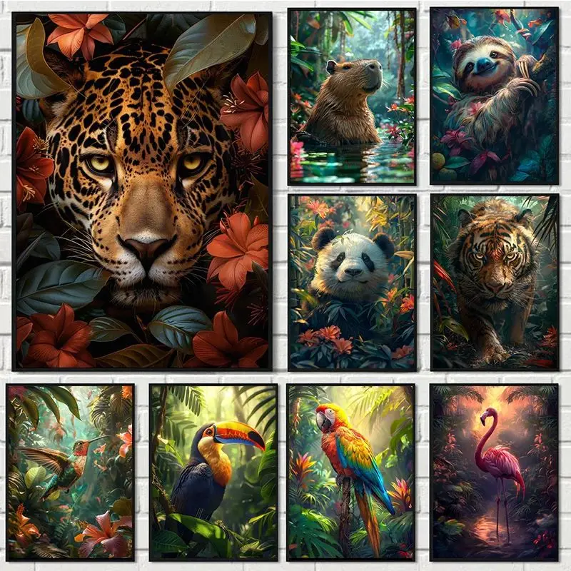 Póster de fantasía de animales tropicales, Tigre, leopardo, loro en la jungla, pintura en lienzo, impresiones de pared, imagen para decoración del hogar y la sala de estar