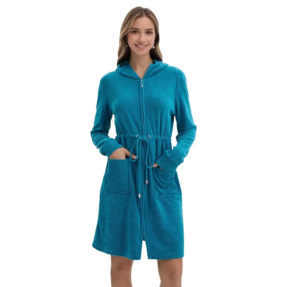 Women Terry Cloth Zipper Robe Zip Up Bathrobes with Pockets Hooded Cotton Housecoat Nightgown Loungewear Sleepwear