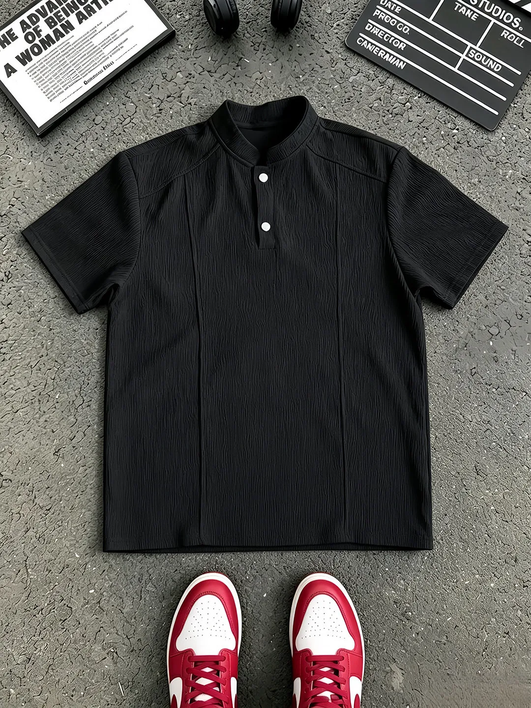 Black Ice Silk Texture Henry Collar Short Sleeve Men's T-Shirt Summer Casual Style Breathable Comfortable Unisex Top