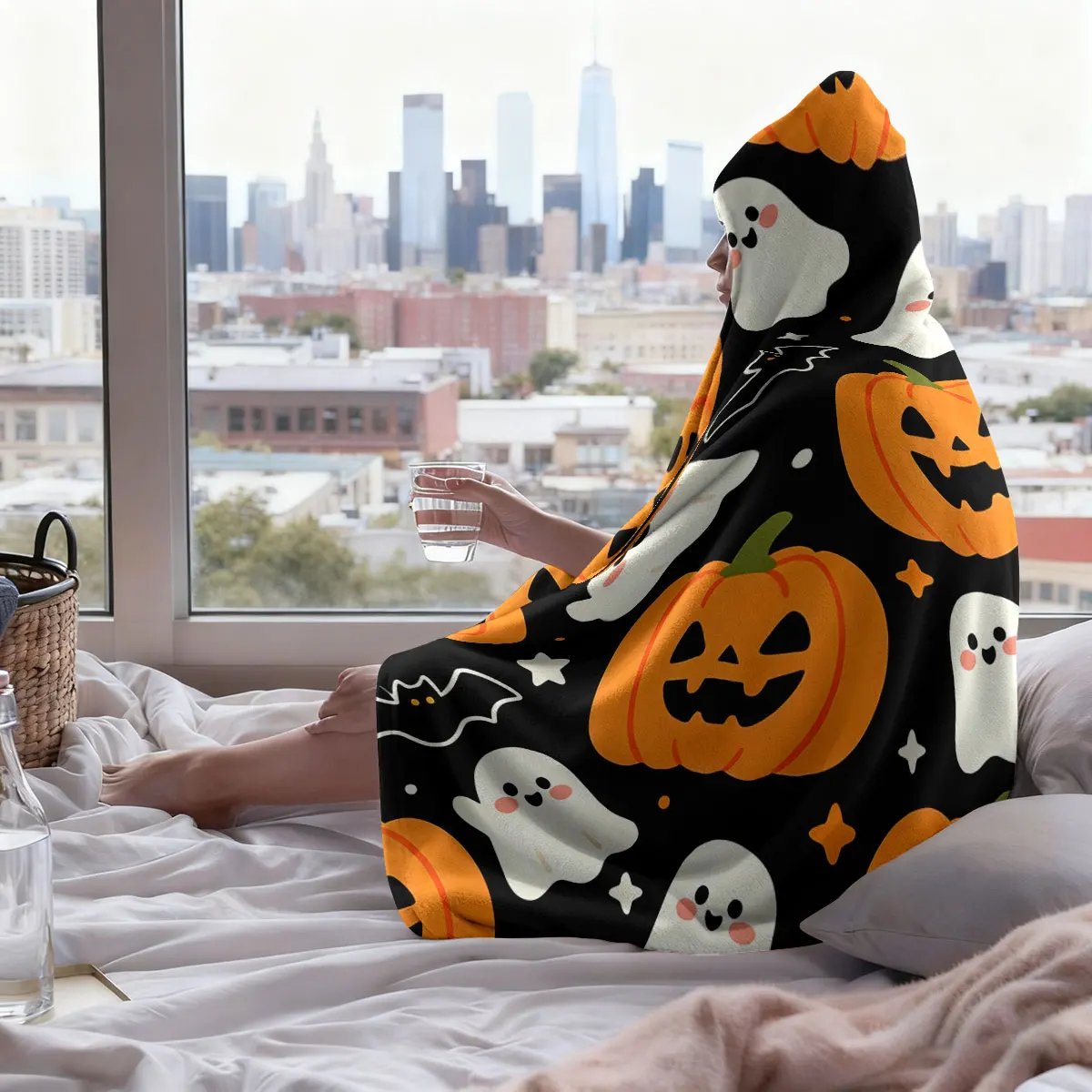 1pc Halloween pumpkin ghost bat spider print hooded blanket flannel hoodie cape blanket, soft and casual  blanket - view 6