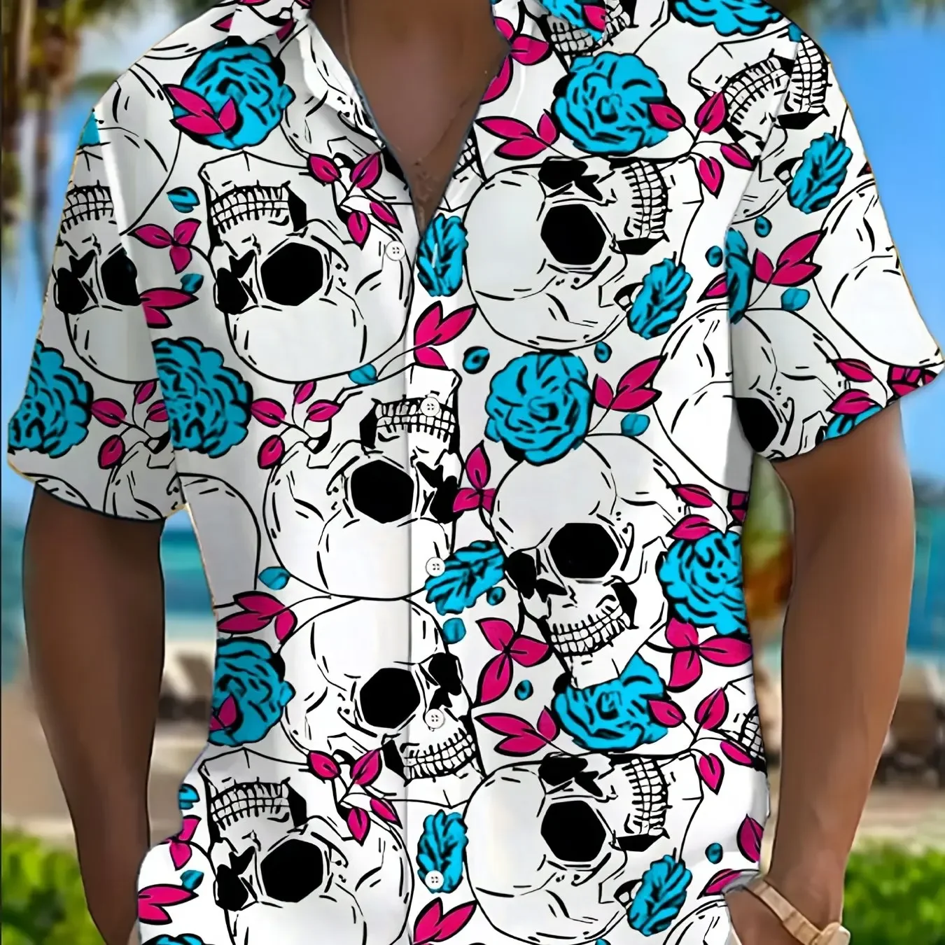 Men Goth Skull Rose Hawaiian Shirt Oversized Short Sleeve Y2K Aesthetic Beach Party Button Down Shirts