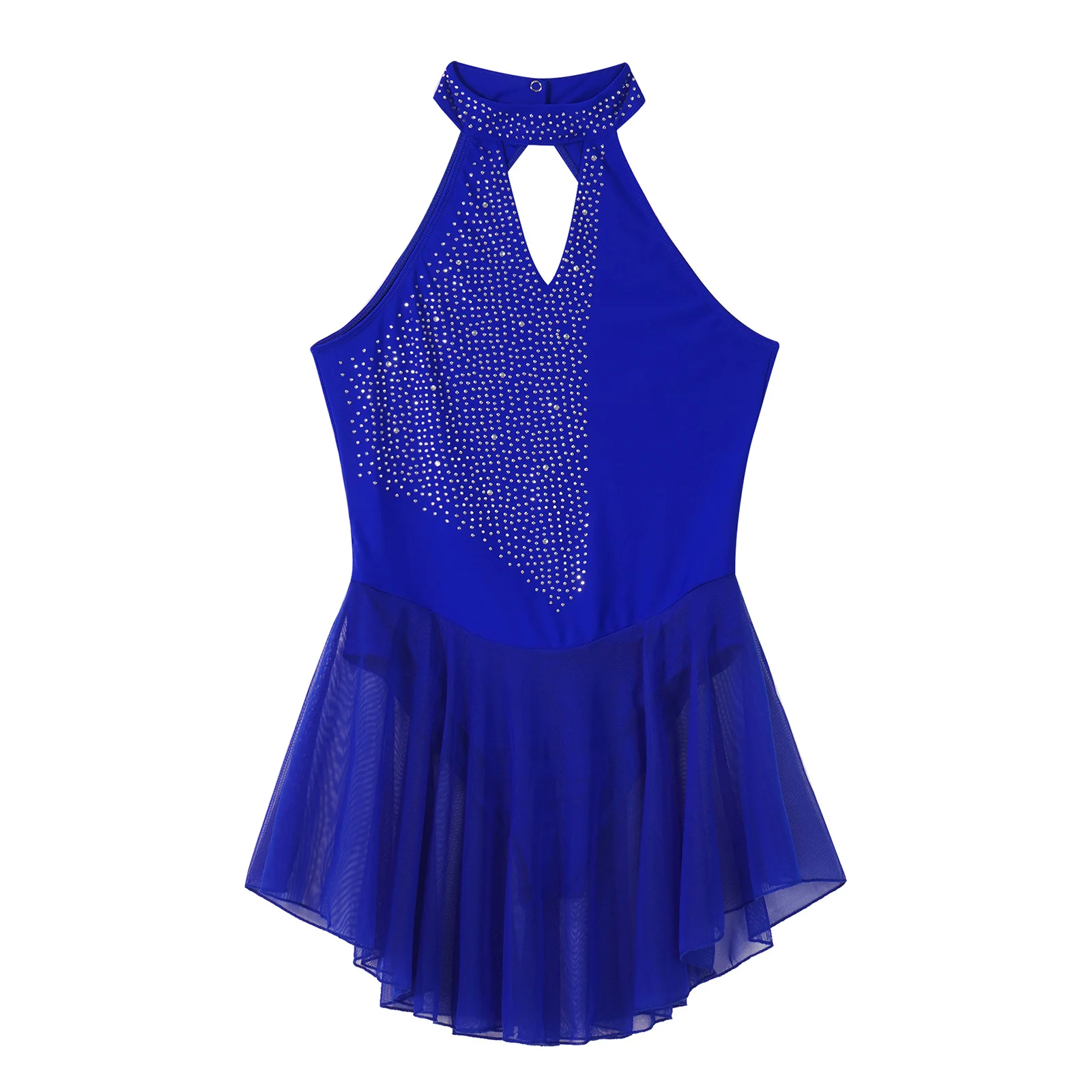 Women Rhinestone Halter Backless Figure Skating Dance Dress Gymnastics Skirted Leotard Dress Costumes