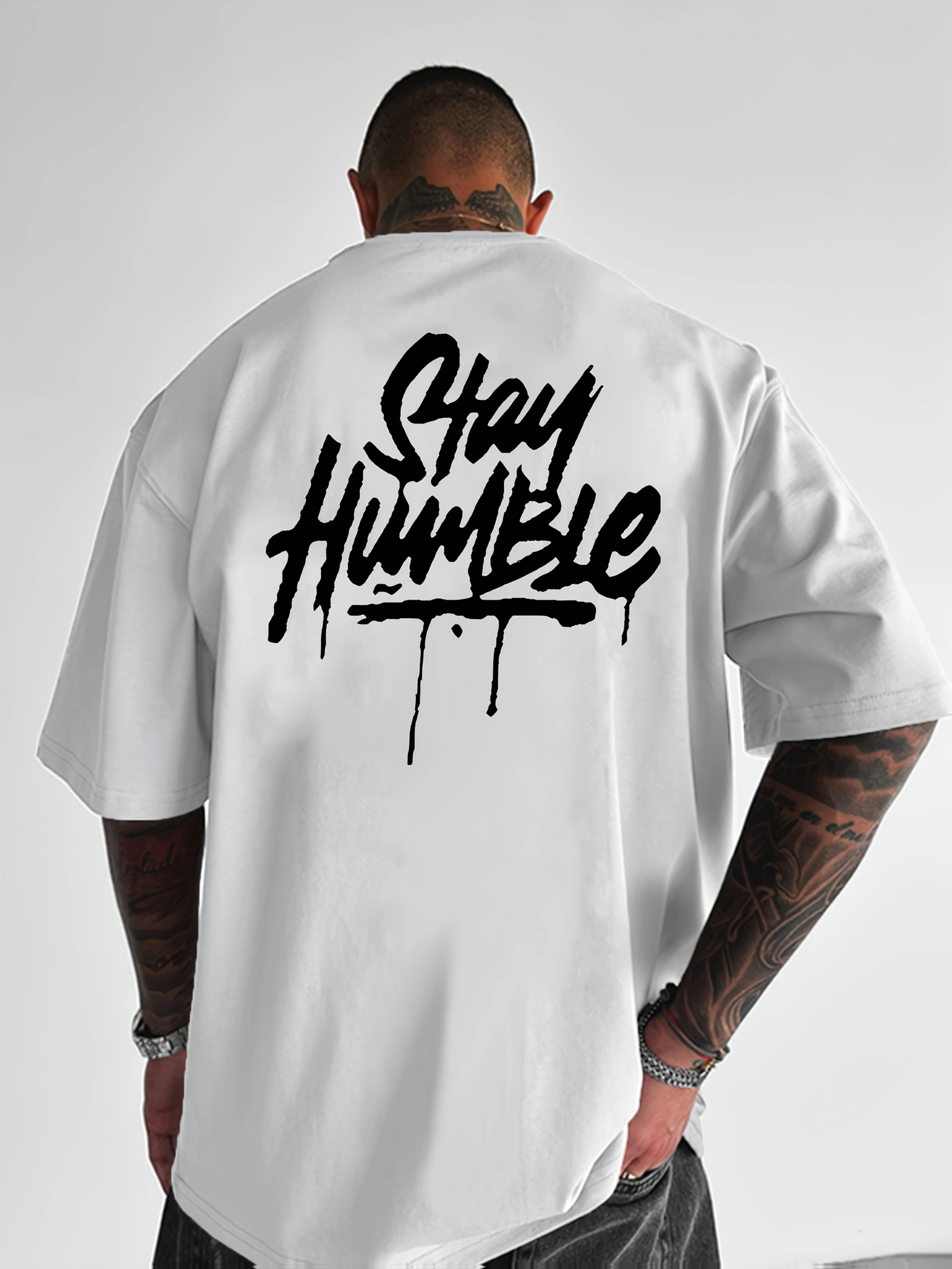 Stay Humble Graffiti Script Graphic Tee for Men Breathable 100% Cotton Perfect Summer Streetwear Trendy Urban Spray Paint Style