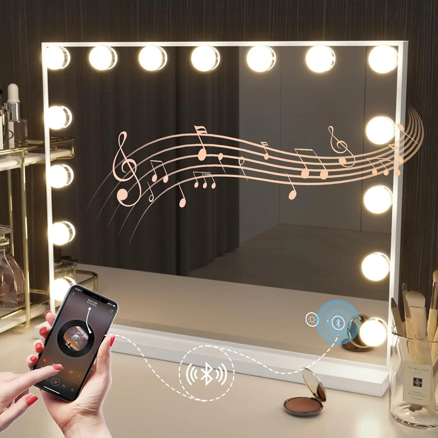 

Зеркало для макияжа с подсветкой 22,8''x18,4'', Bluetooth-колонкой, 15 светодиодами, 3 режимами освещения, USB-зарядкой и 10-кратным увеличением
