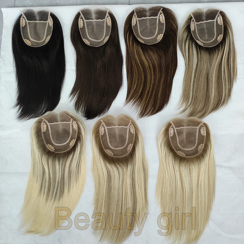 

European Human Hair Lace Front Topper Highlight Color Clip In Hair Pieces Jewish Kosher Topper Single Knot Lace Toupee For Woman