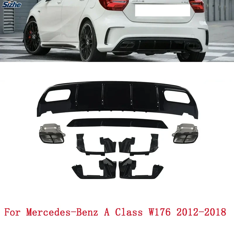 

MAGICKIT AMG Rear Bumper Diffuser & Exhaust Tips Kit for Mercedes A-Class W176 2012-2018 | A45 Style ABS Construction | Direct F