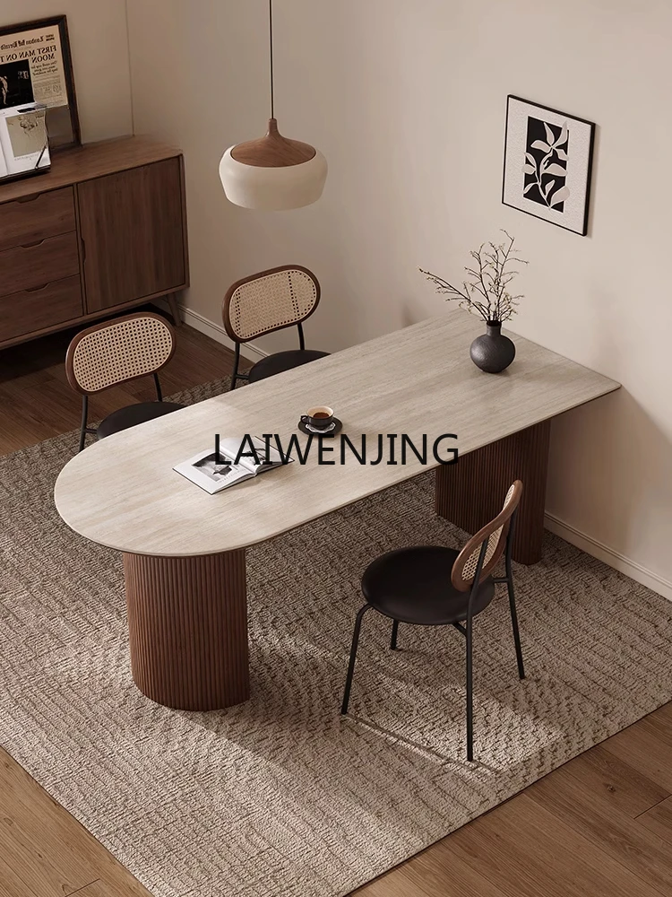 MJY medieval travertine rock slab dining table small apartment retro walnut solid wood peninsula table