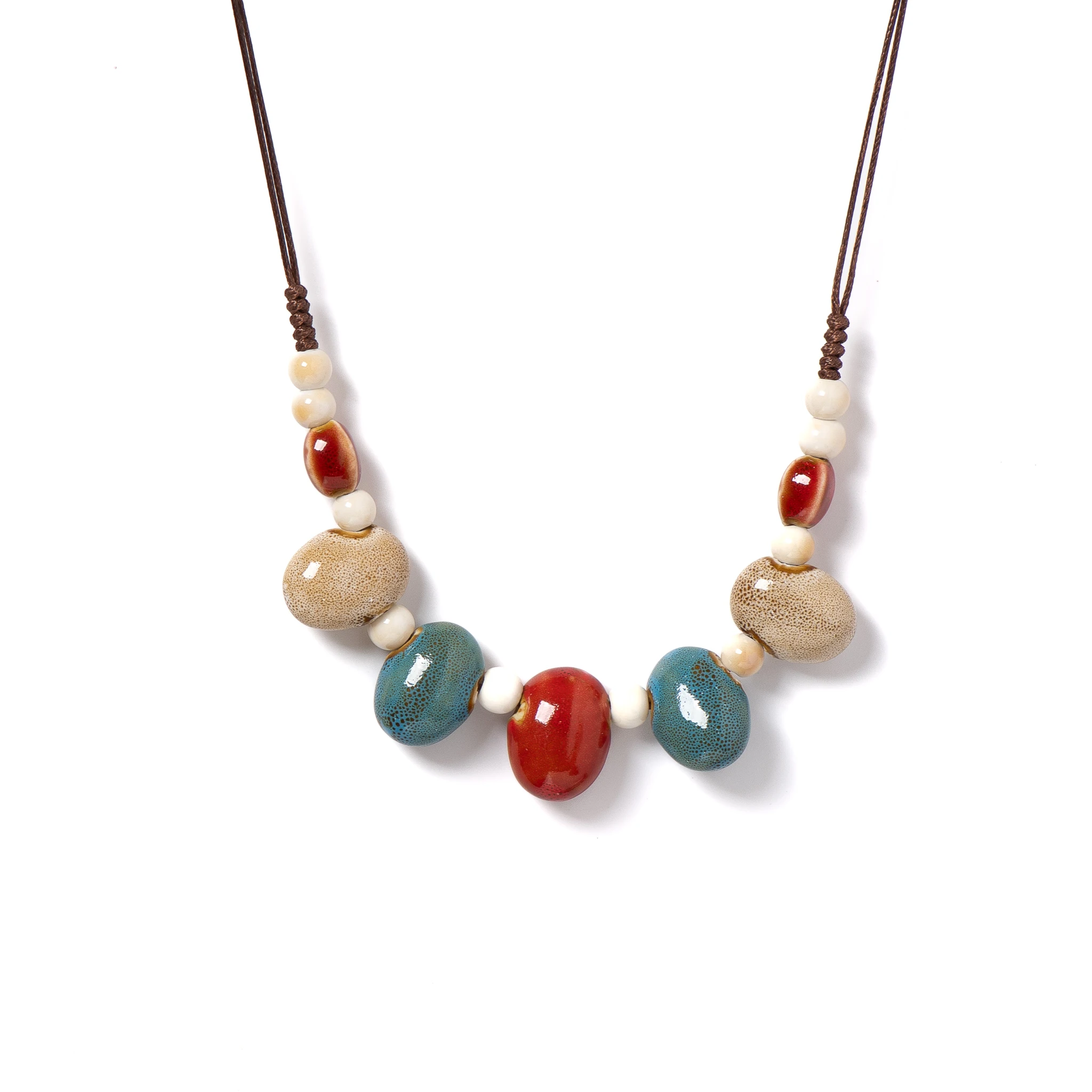 Colorful Ceramic Bead Necklace Handmade Adjustable Boho Pendant Artistic Jewelry 1146