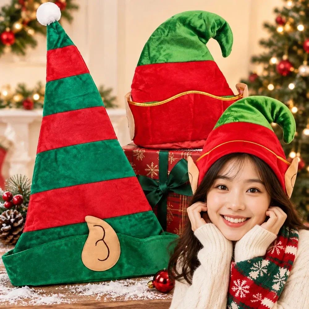 Gorro de elfo navideño, gorro de Papá Noel de tela no tejida, unisex, para adultos y niños, gorro de terciopelo y felpa, accesorio para disfraces de fiestas navideñas, decoración navideña.