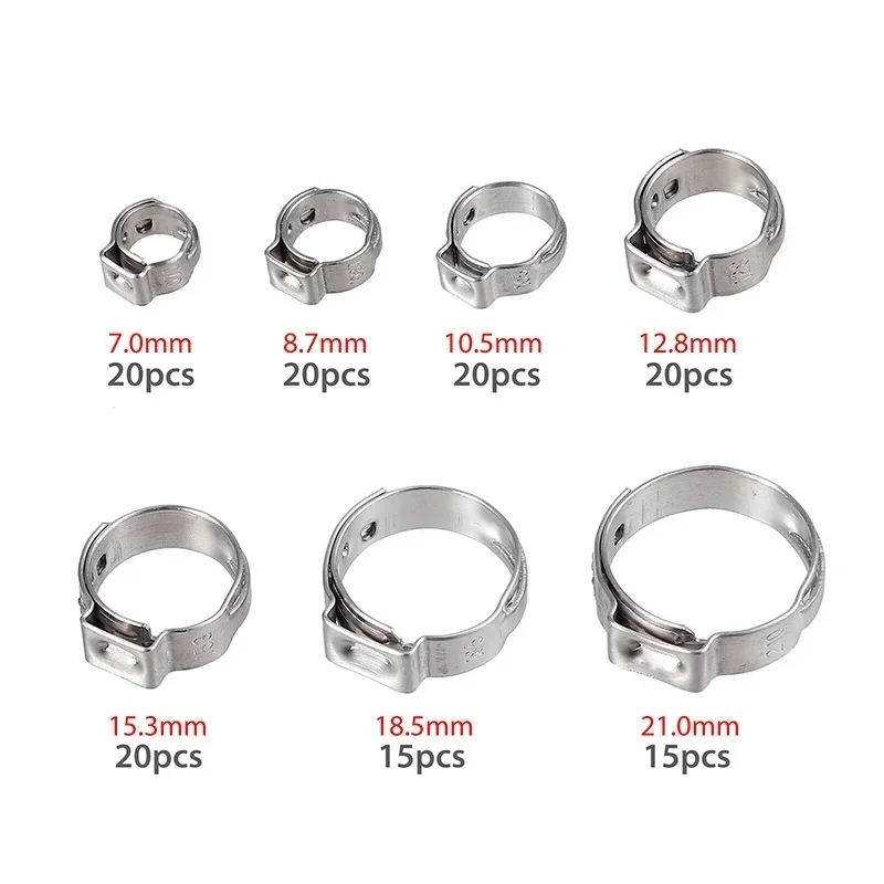 130PCS Single Ear Stepless Hose Clamps 7-21mm 304 Stainless Steel Hose Clamps Rings Hose Clip Clamp Pliers