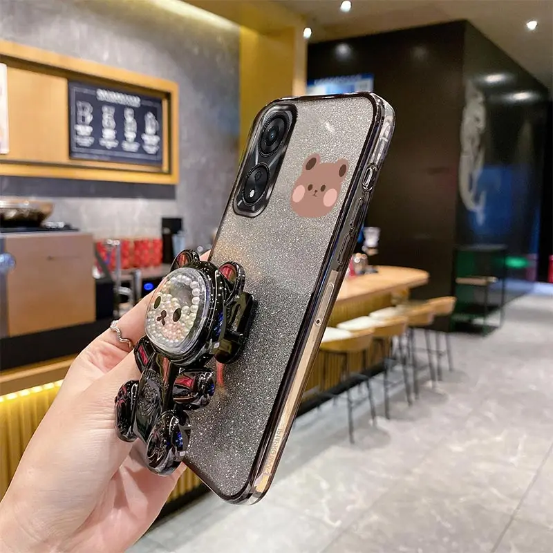 Glitter Bling Bear Holder Case For Oppo A96 A97 A95 A94 A93S A92S A91 A83 A78 A74 A72 A58 A58X A57 A55 A54 A52 4G Stand Cover