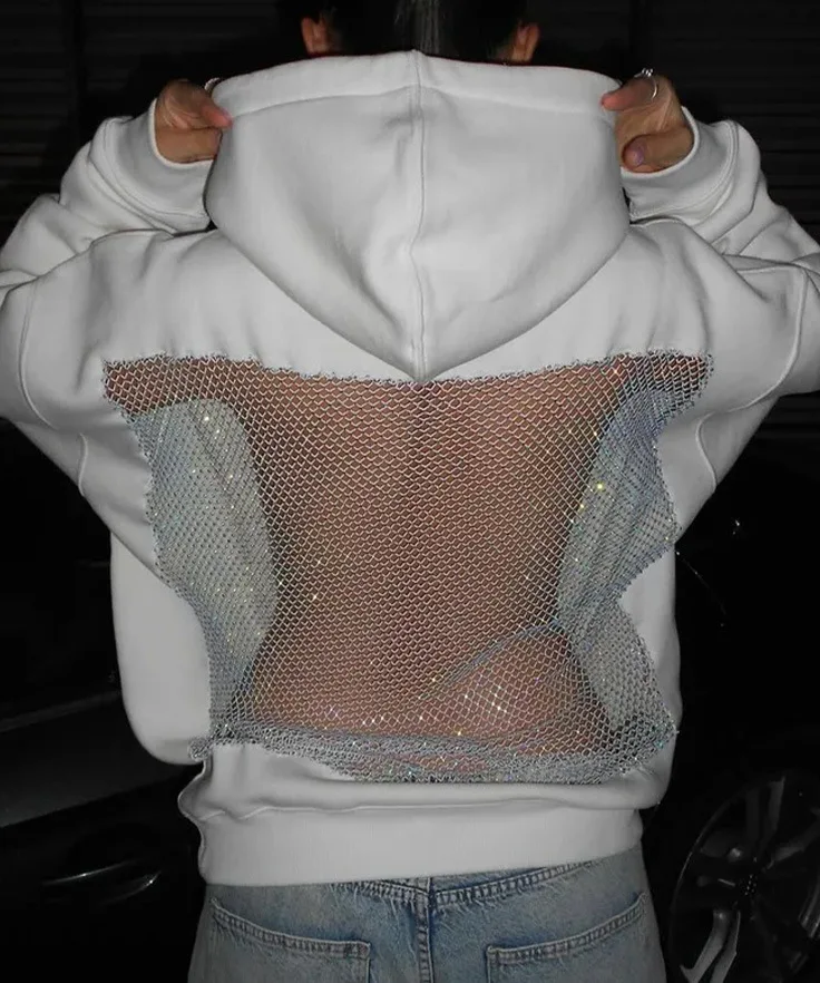 Nieuwe herfstmode sexy mesh met lange mouwen uitgehold effen kleur losse fit hoodies, 3 kleuren