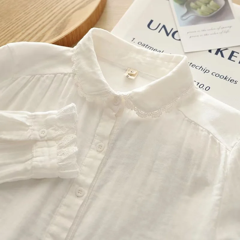 

Spring Summer Pure Cotton Double Layer Lace Long Sve round Ne Women's irt Fre Japanese Sle Floral Trim Artistic White