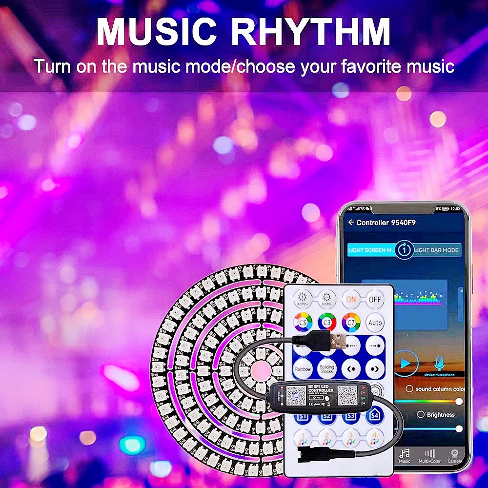 WS2812B Led Ring Individually Addressable 5050RGB With USB 28Keys Bluetooth Music Controller Kit BuiIt-in 8/16/24/35/45 Pixels