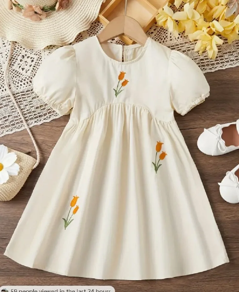 Girls\' Korean Flower Embroidered Bubble Short Sleeve Irregular Waist Princess Dress Vestidos Casual  Girls Dress Outfit 2-6Y