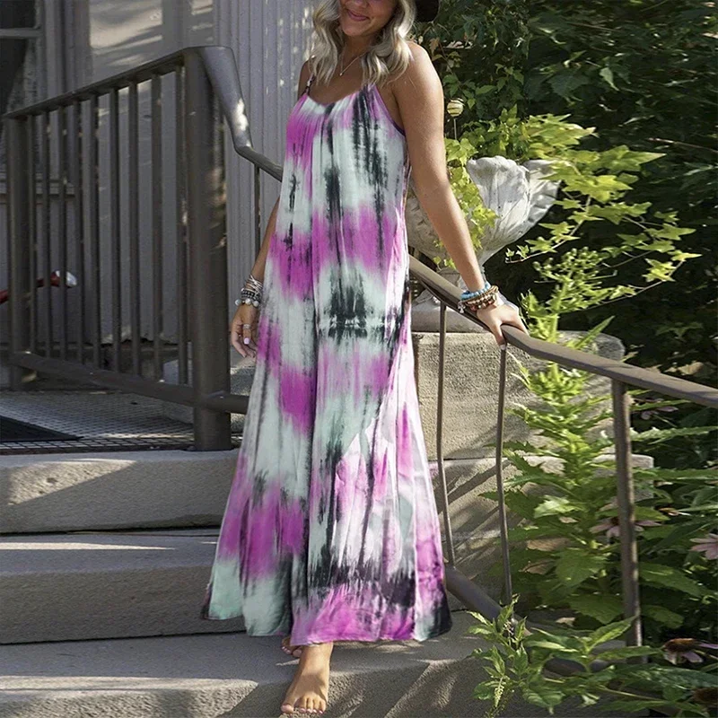 Vintage Tie-Dye Gestreepte Print Sling Lange Jurk Vrouwen Lente V Hals Backless Boho Maxi Jurk Zomer Mouwloze Losse Strandjurk