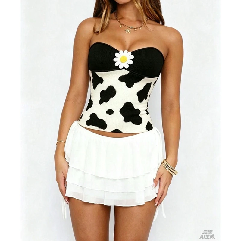 Disfraz de Halloween de abeja, vaca y mariquita para mujer, estilo Y2K, con estampado de lunares, rayas o motivos de vaca, camiseta sin tirantes tipo bandeau, suéter, camisa de punto, top tipo tubo.