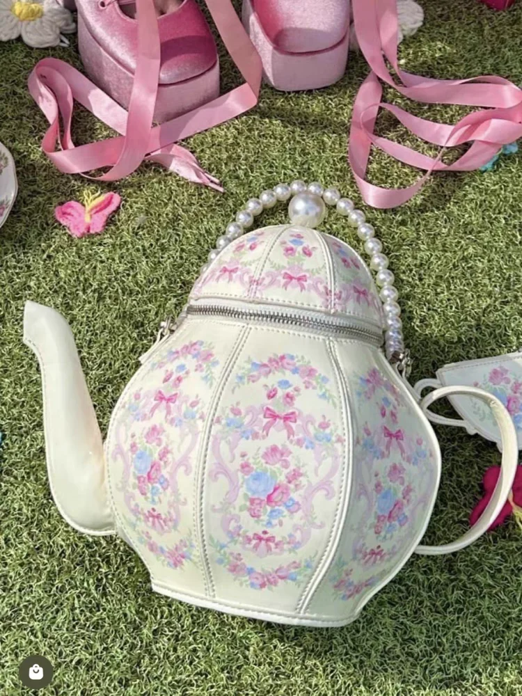 

Tea Society Handbag Teapot Design Women Long Strap Pearls Chains Shoulder Bag Luxury Crossbody Bag Creative Printed Bucket Bags