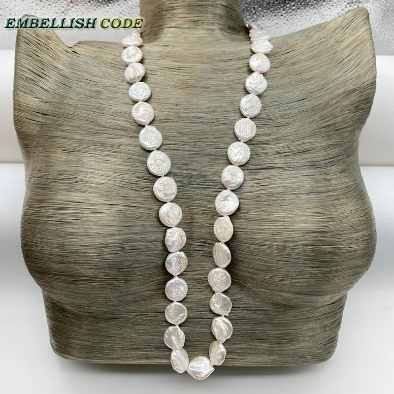 18mm Bead 60cm 70cm 80cm Baroque Statement Long Necklace White Color Round Coin Flat Shape Natural Freshwater Pearls Fold Face