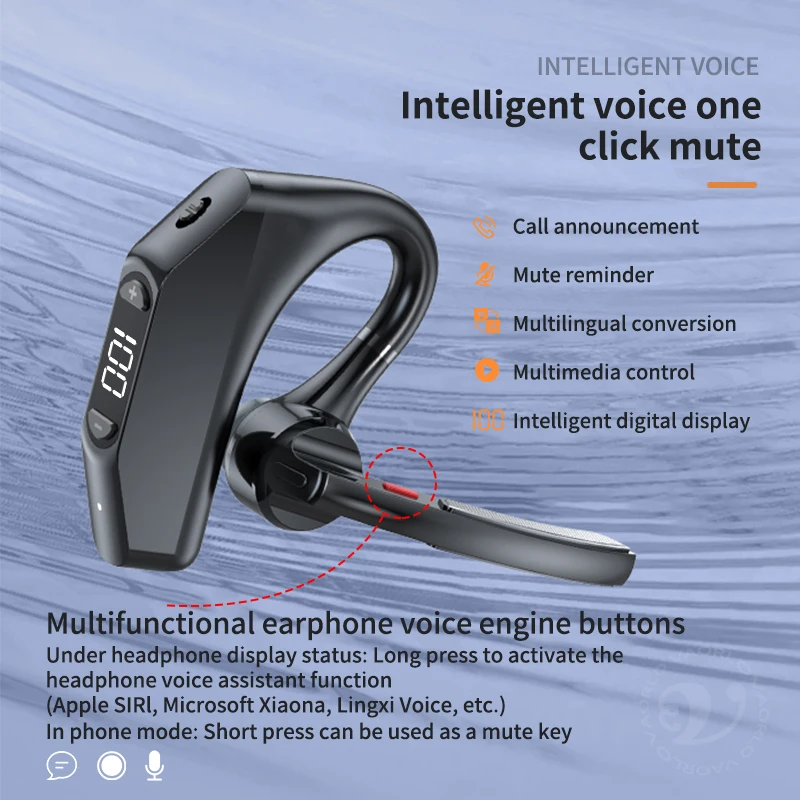 Casque Bluetooth sans fil avec affichage numérique LED, casque mains libres, réduction du bruit ENC, crochet d'oreille, appel HD, écouteurs professionnels